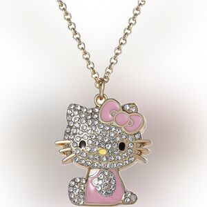 🎀Hello Kitty Sanrio Crystal Pendant Necklace Gold-Tone with Pink Enamel Accents